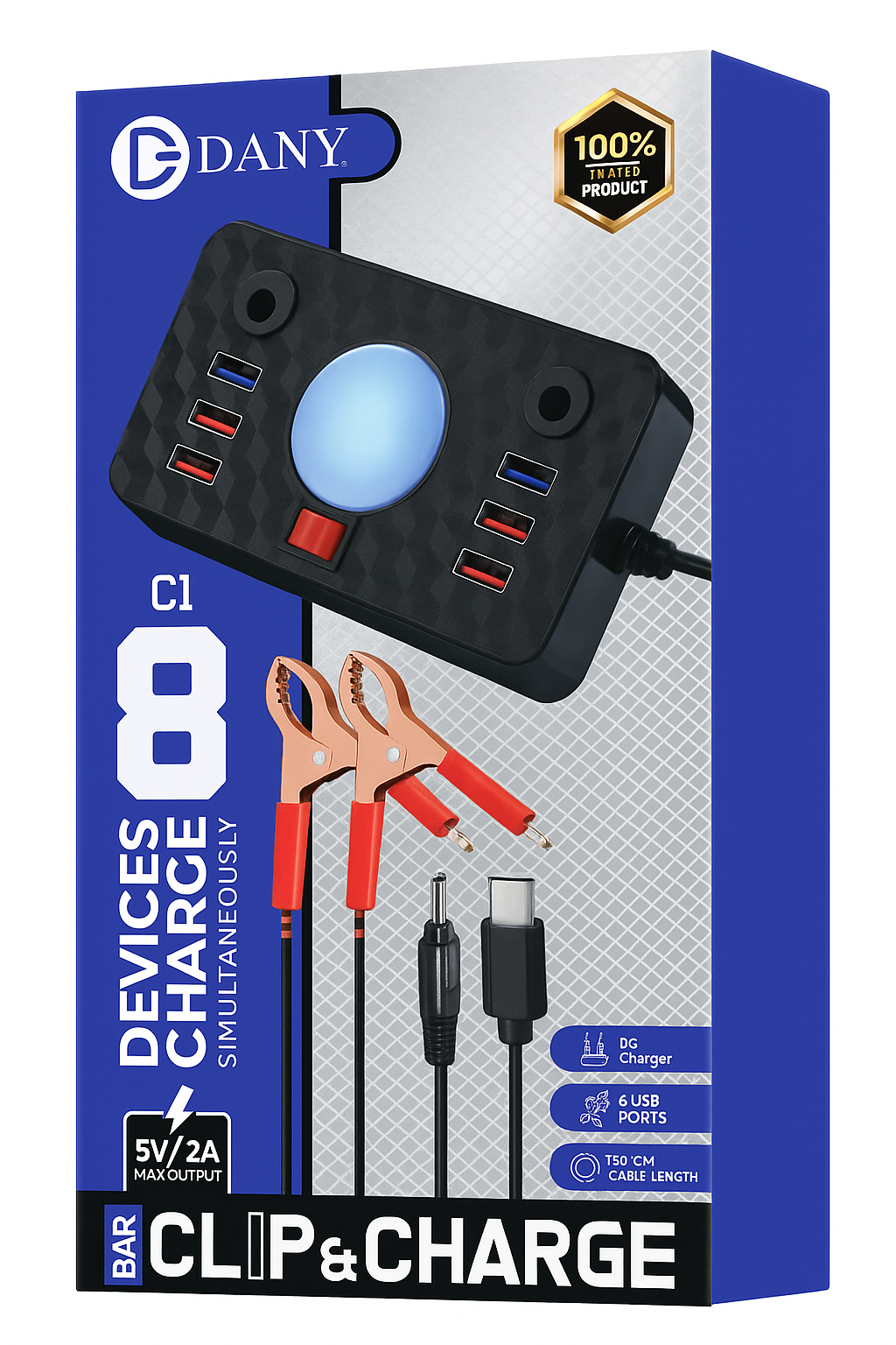 Dany C-1 Clipper Charger | 6 USB Ports | LED Light | DC Solar Mobile Charger | USB Battery Clamp | Power Cable | Short Circuit &amp; Overload Protection - DC Mobile Charger - Original